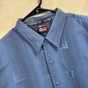 Bugle Boy Shirt Mens XL Blue Pinstripe Geometric Long Sleeve Zip Pocket Excellen